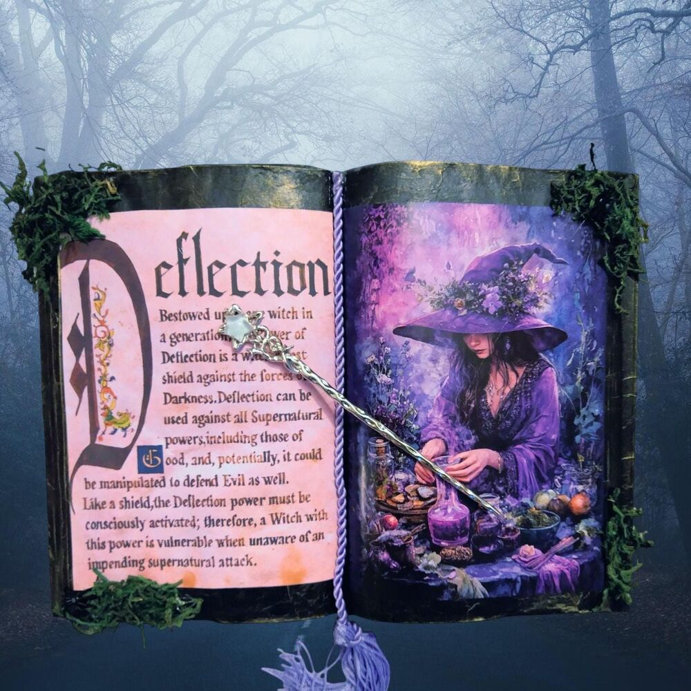 DEFLECTION Floral Witch Open Spell Book Decor lavender with Wand